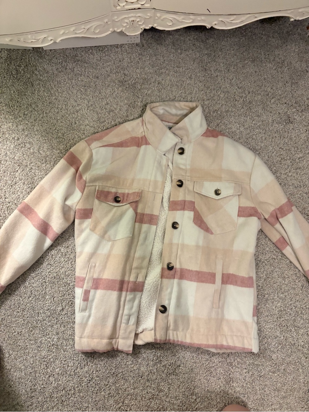 Papaya Cream and Blush Plaid Sherpa-Lined Jacket